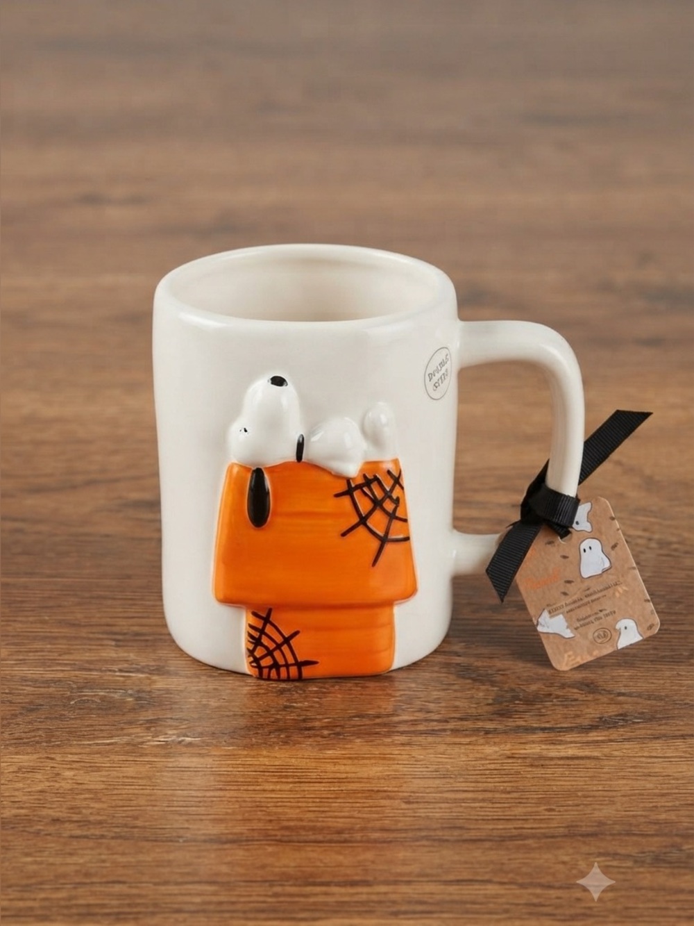 Rae Dunn Peanuts Snoopy Halloween Mug Caught In Your Web Orange Doghouse NWT